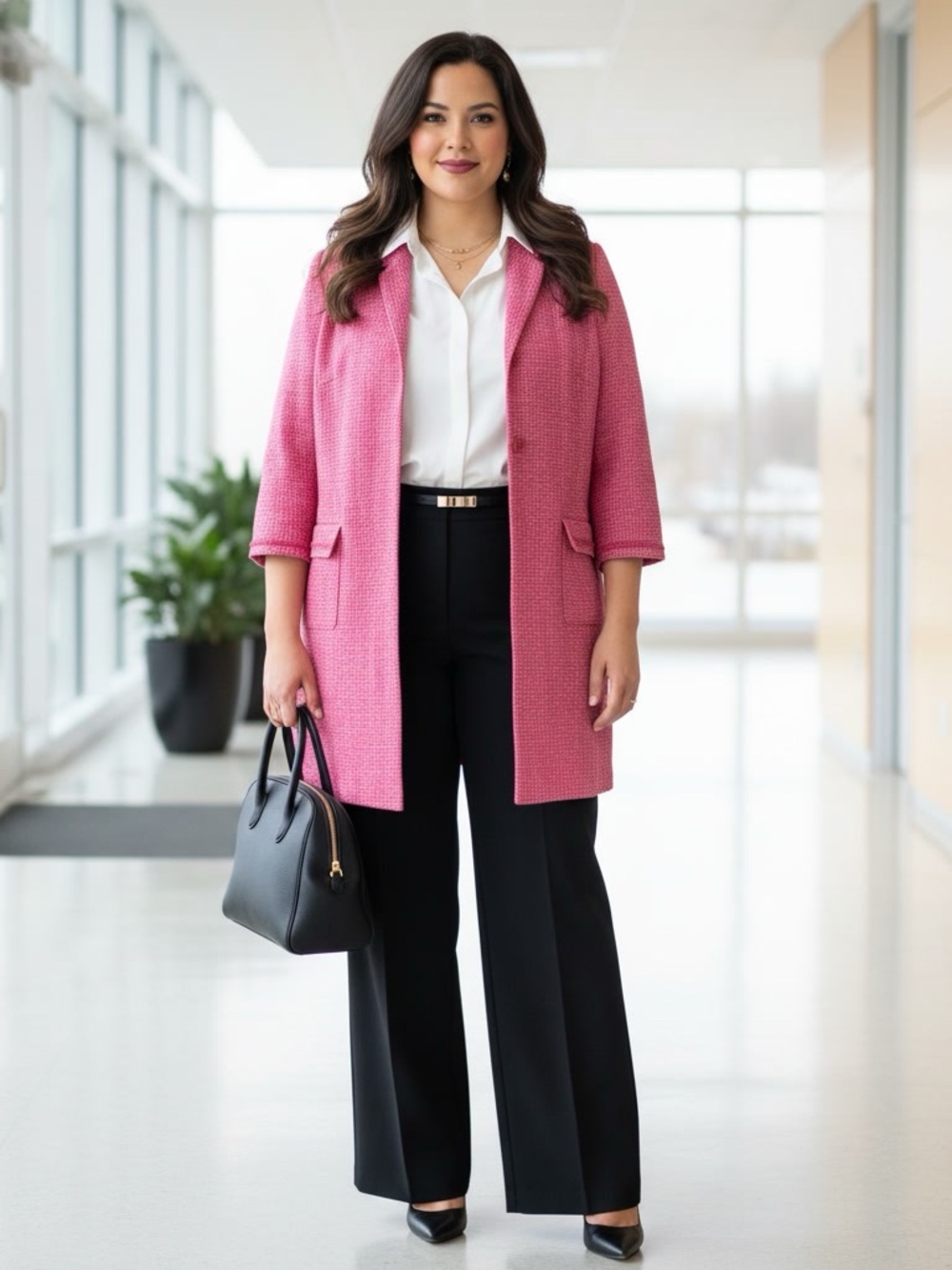 Perceptions Pink Tweed Long Blazer Jacket 3/4 Sleeve Size 32